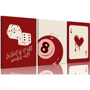 Luyeeteme 3 Pcs Cherry Red Canvas Wall Art Set, Preppy Y2K Room Decor of Lucky 8 Ball, Dice & Ace, Trendy Funky Framed Painting Prints for College Dorm, Game Room (12x16Inch)