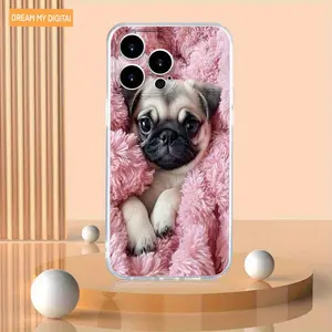 Cute pink pug design phone case, suitable for iPhone 16, 15, 14 Pro Max, 13, 12, 11, XR, XS Plus models, made of TPU silicone material, provides shockproof and anti-drop protection, feels great in hand, is the best gift for family, friends, and loved ones