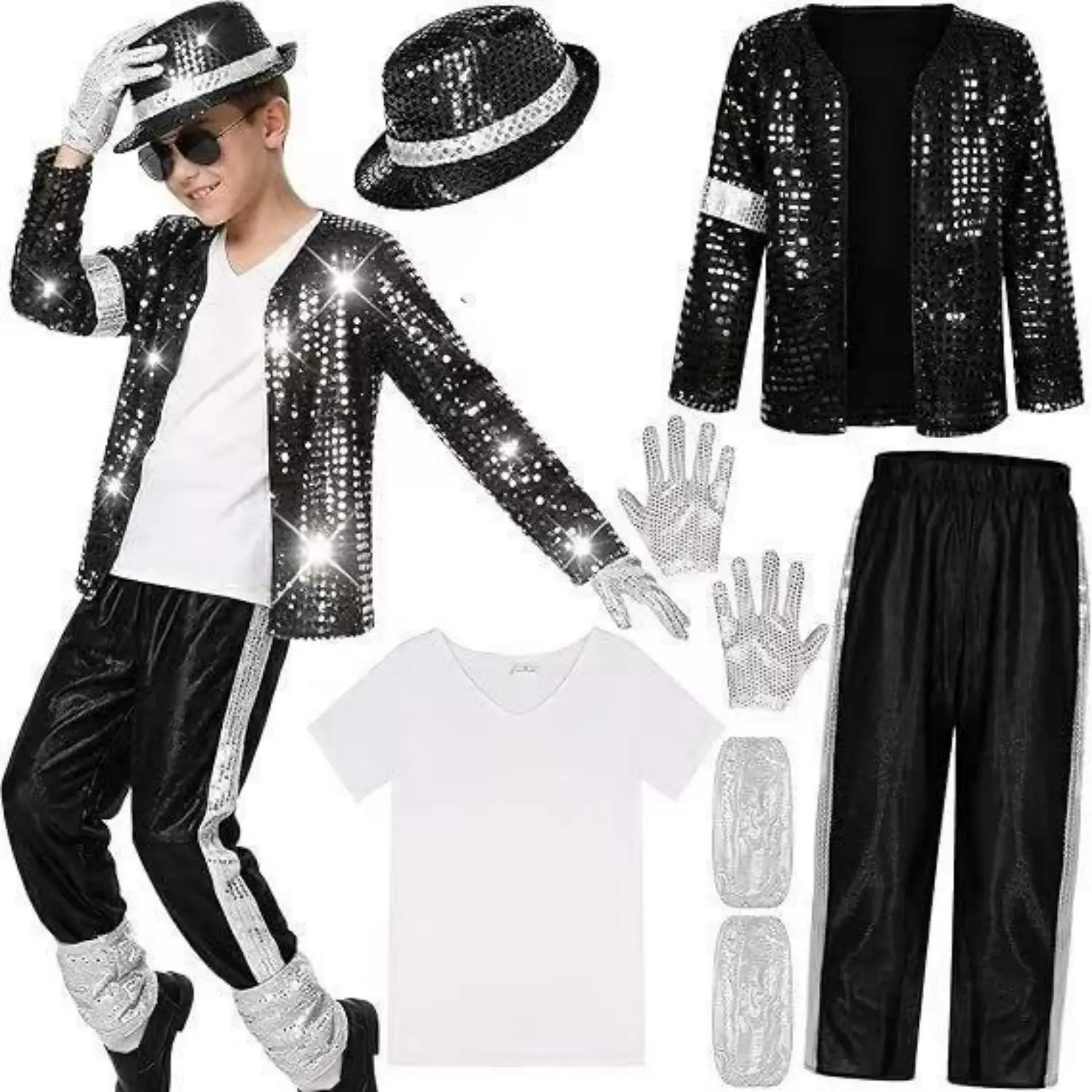 Kids Boy Michael Jackson Billie Jean Cosplay Black Suit Dance Disco Halloween Fancy Dres Up 80s Pop King Costume for top Pants