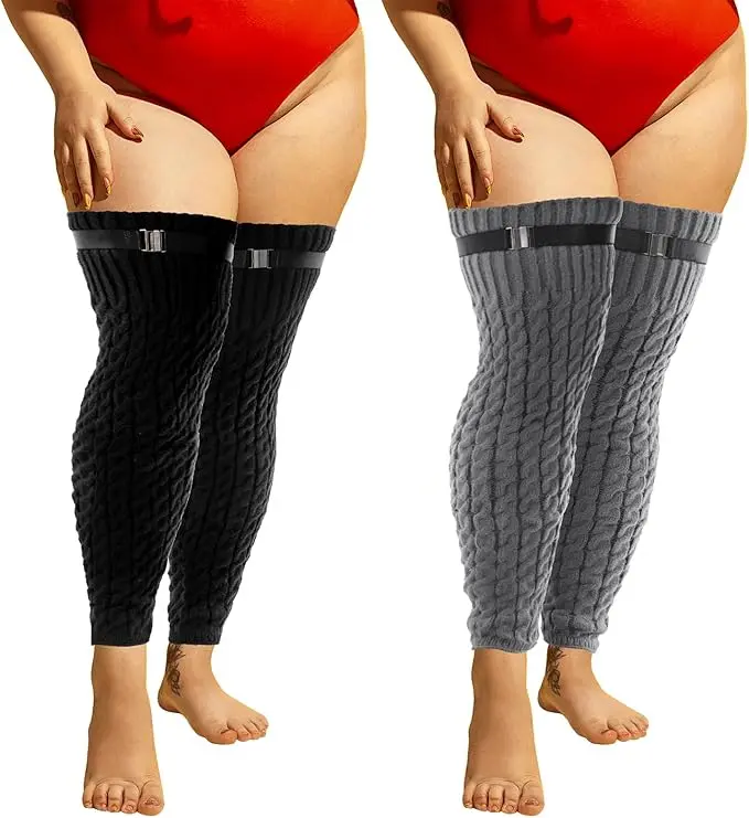 Women's Plus Size Thigh High Socks - 2 Pairs Extra Long Thick Over the Knee Stockings, Black & Gray Cotton-Based Polyester Comfort Socks