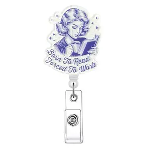 Reading Girl Pattern Retractable Badge Reel, 1/20pcs Acrylic ID Holder with Clip for Nurses, Doctors, Students & Office Staff, Identification Badges & Supplies