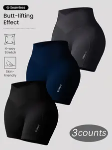 3-Pack Women's Cross-Waist Sport Shorts, Seamless High Elastic Tight Fit, Tummy Control Butt Lift, Fitness Yoga Workout Shorts