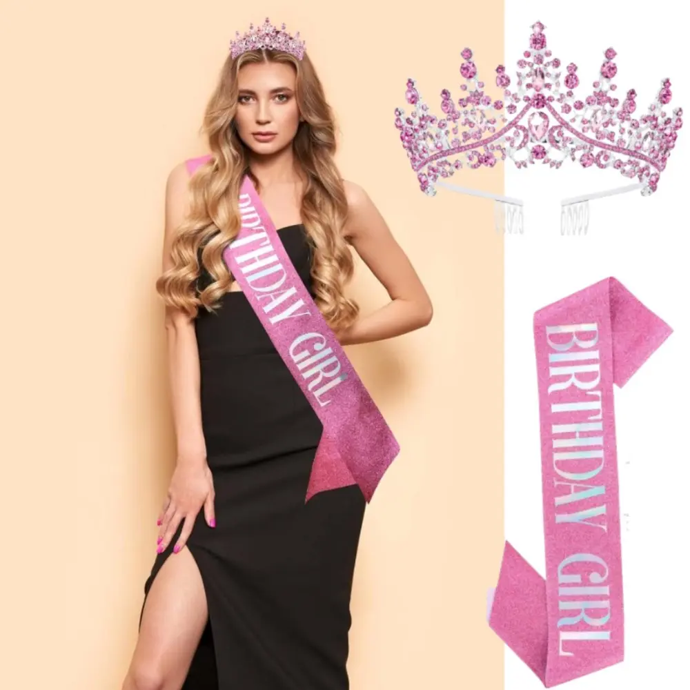 2PCS SET Pink Crystal Birthday Tiara Crowns for Women Girls Elegant Princess Crown with Combs Birthday Girl Headband Sash Happy Birth Party Decorations Birth Gift Cake Topper Hair Accessories