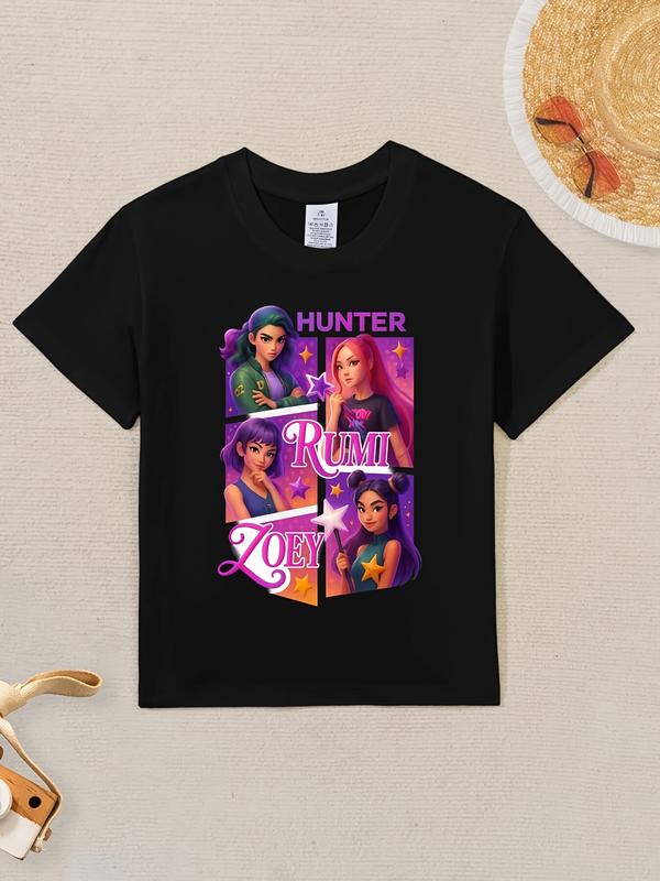 Single Piece, Short T-shirt for Girls Aged 3-12, Featuring Trendy K-pop Girl Group Patterns with 3D Printing, Made of, Machine Washable, Casual and Comfortable, Soft and Breathable, Essential for Daily Wear and Outdoor Sports.