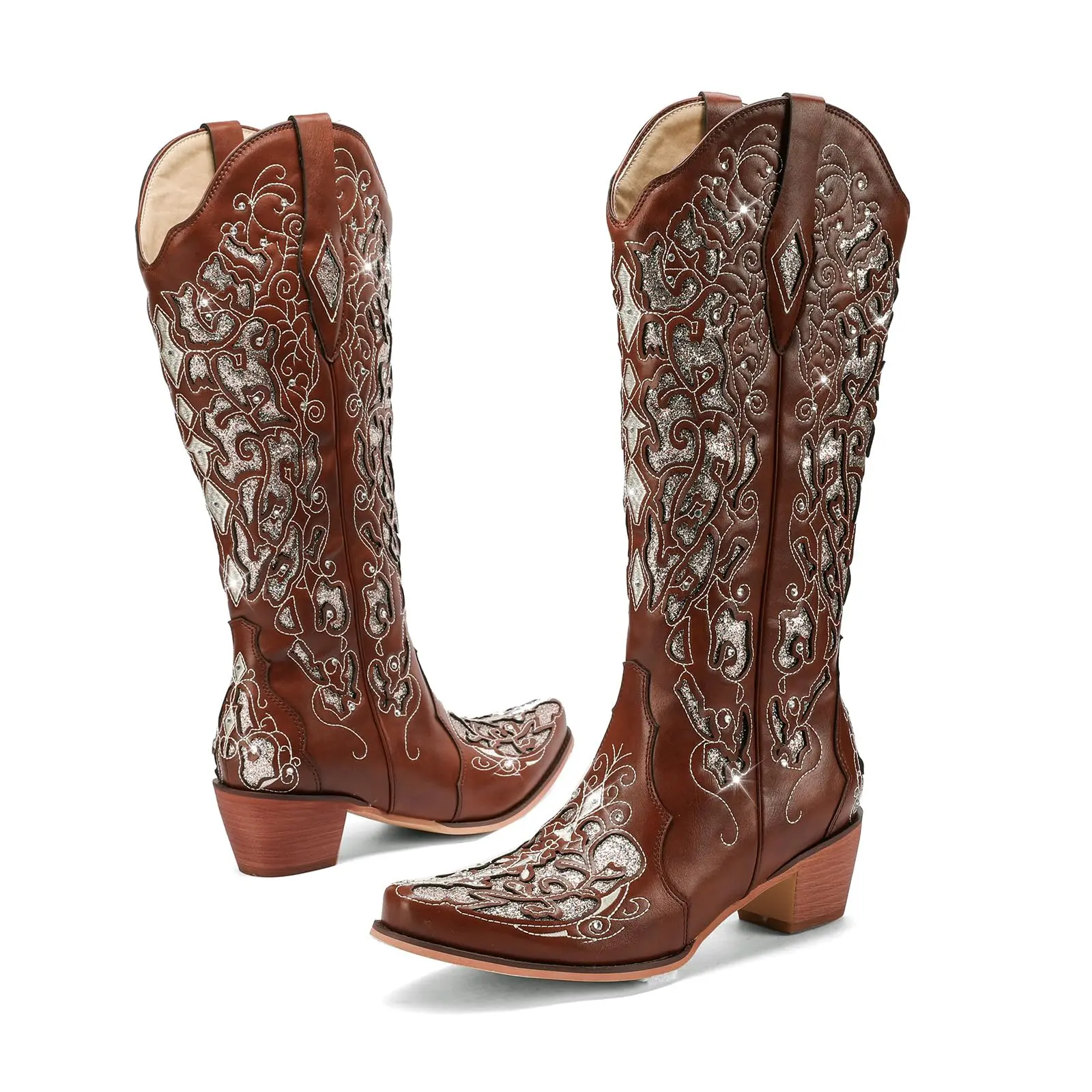 Women's Sparkly Rhinestone Cowgirl Boots, Sequin Mid-Calf Western Style with a Wide Calf Fit for Parties & Festivals, Shoe, Party