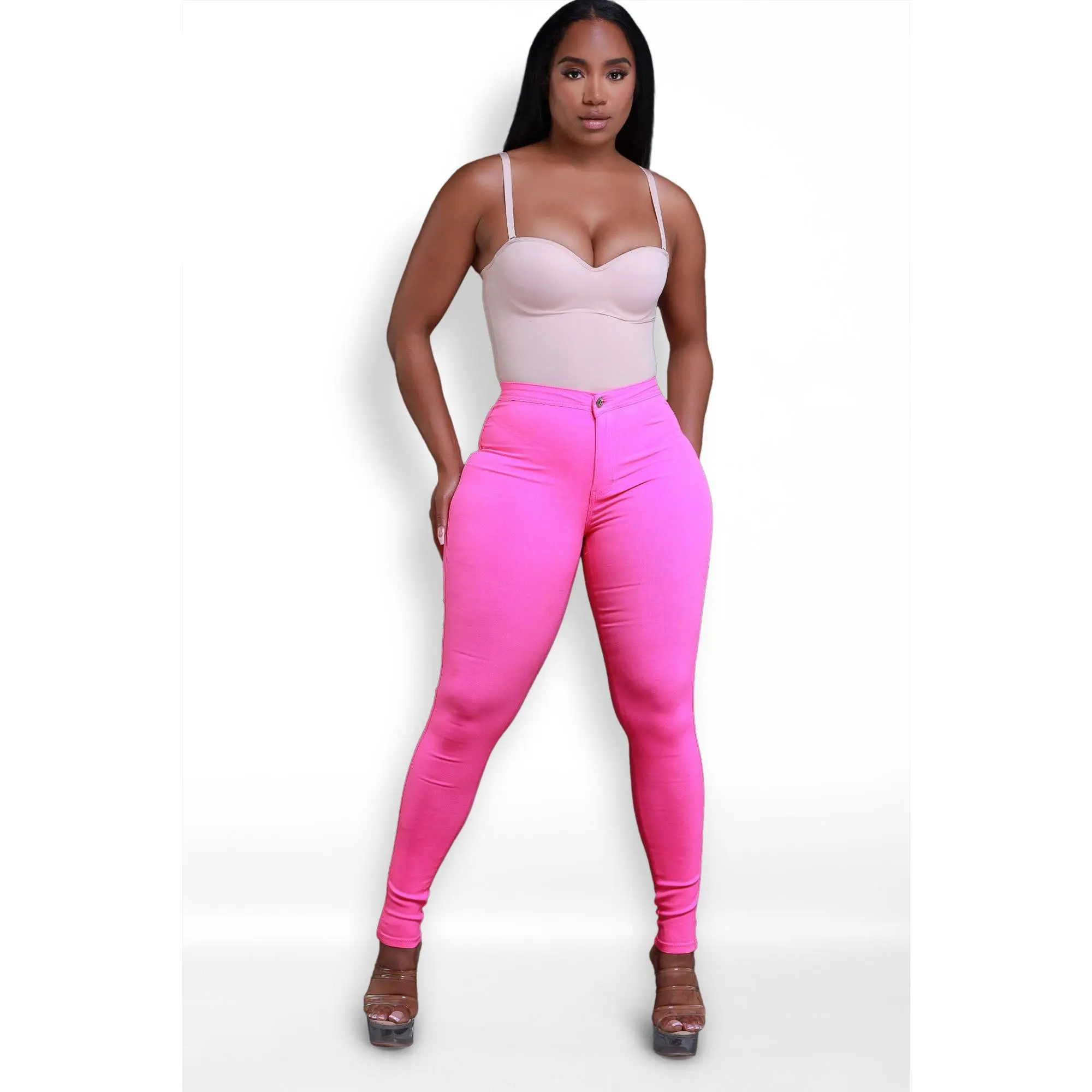 Super Swank High Waist Stretchy Jeans - Neon Pink