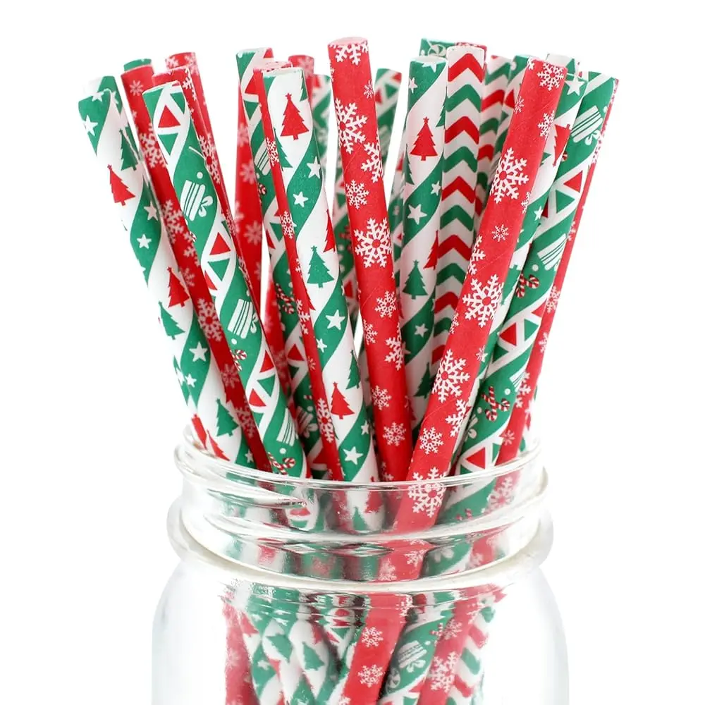 Party On Tap Christmas Straws - Biodegradable 7.75 Inches, 100 Pack, 4 Festive Designs for Holiday Decor