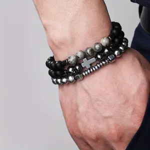 3pcs - Elasticity Black Cross Bracelets for Men 8mm Beaded Bracelet Fashion Jewelry Trendy Minmalist Gift for BF Accessories for Men