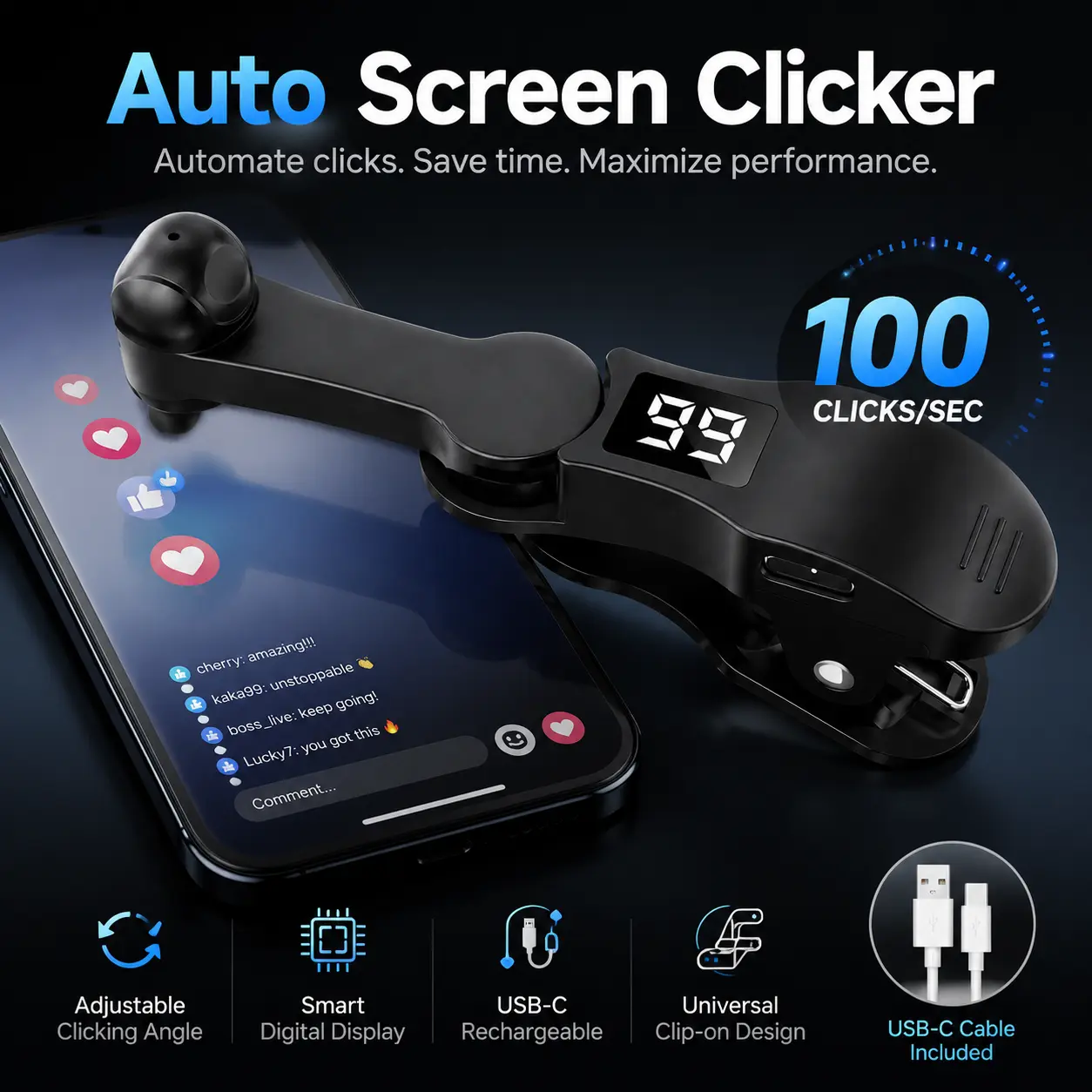 Auto screen clicker for smartphones—adjustable speed, simulates real finger taps, plug-and-play. Great for flash sales, reward tasks, live streams, and app testing.