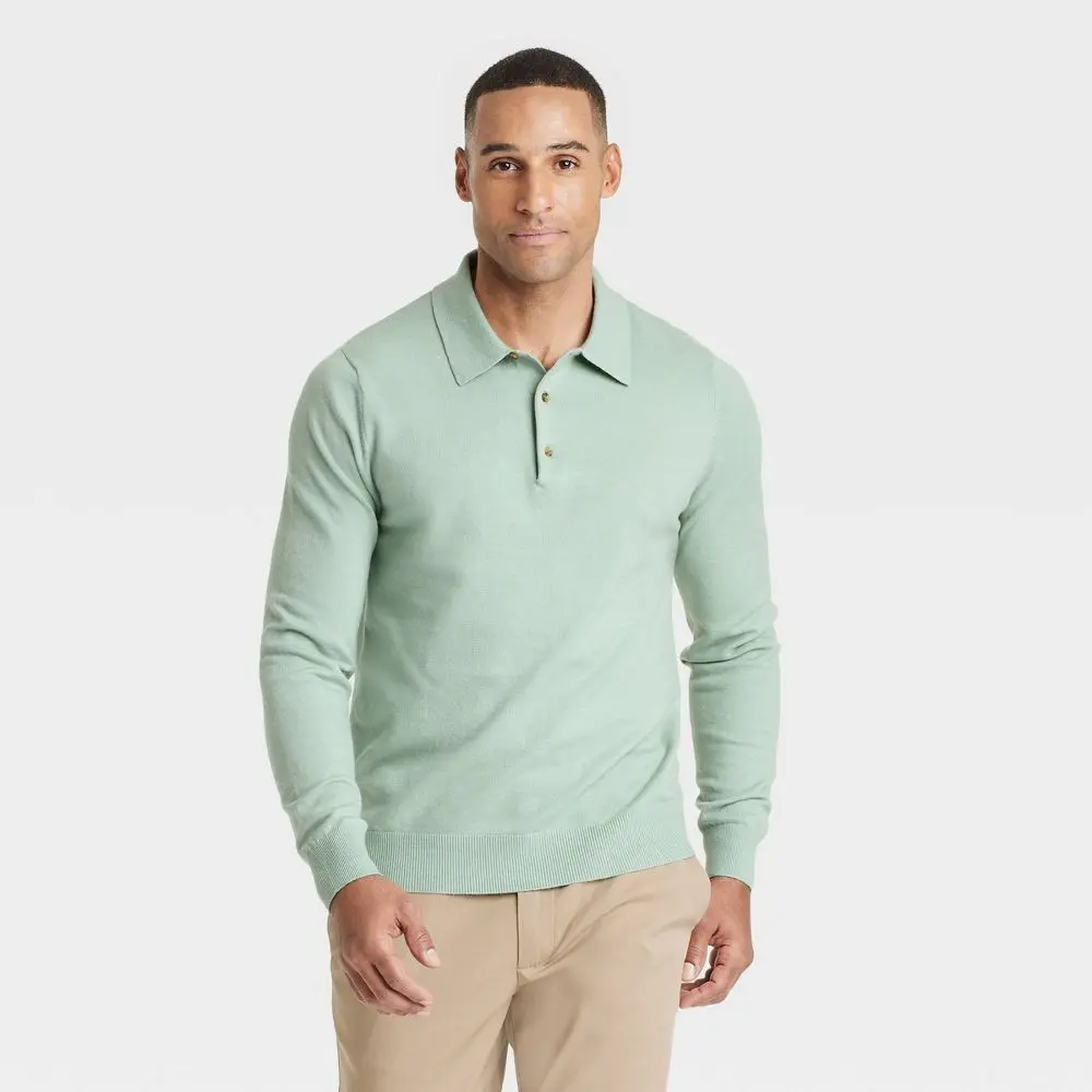 Men's Polo Collared Pullover Sweater - Goodfellow & Co Frosted Sage L
