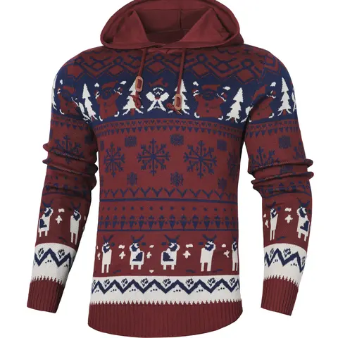 Men's Festive Knitwear Hoodie - Pull-On Long-Sleeve Warm Casual Winter Holiday Top with Reindeer & Snowflake Colorful Patterns, Festive Hood Design