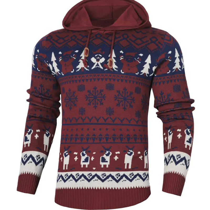 Men's Knitwear Hoodie - Pull-On Long-Sleeve Warm Casual Winter Top with Reindeer & Snowflake Colorful Patterns, Festive Hood Design