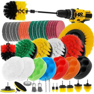 48 Pcs Brush Attachments Set, Scrub Pads & Sponge & Wire Brush for, Scrubber Brush with Extend Long, Scrubber Brush Kit for,, Car, Grout