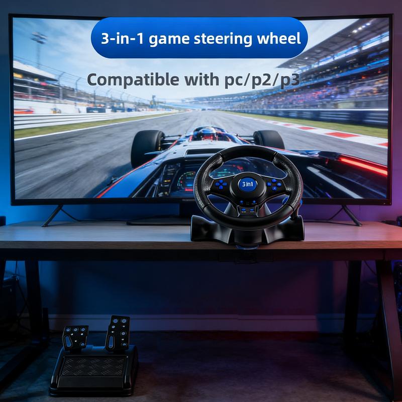 3-in-1 Racing Game Wheel /Winter Vacation At Home Must-Have 3-in-1  Gaming USB Plug & Play Desktop Adsorption Compatible with PC/PS2/PS3/Xbox360 Console Controller Accessory
