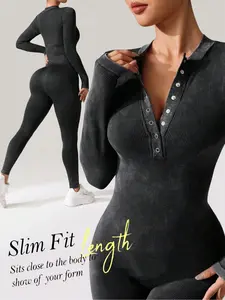 Women's High Elastic Yoga Bodysuit, Sexy Button Front Sheer Breathable Sportswear, Sporty Comfy Jumpsuit, Washed Matte Fabric, Perfect for Gym & Fitness