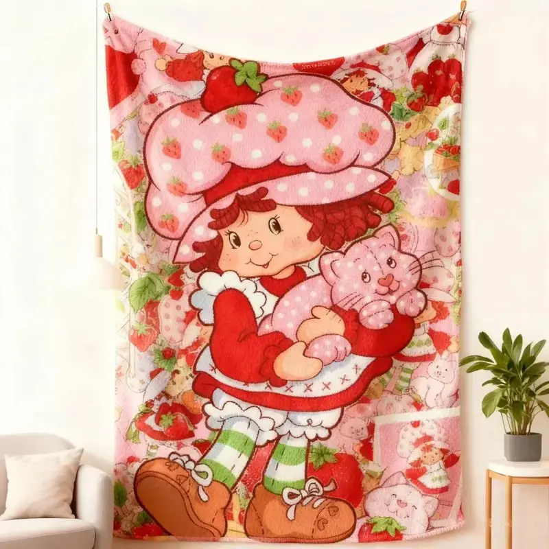 Vintage Strawberry Shortcake Graphic Blanket | Cute 80s Cartoon Pink Cat Throw | Y2K Aesthetic Room Decor