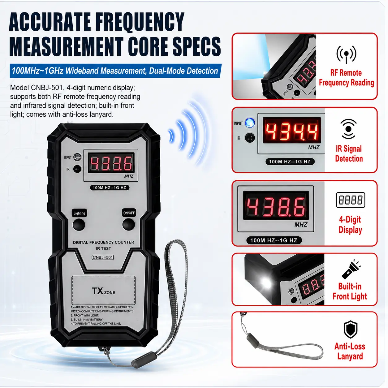 Handheld RF IR Frequency Counter 100MHz-1GHz Digital Frequency Detector With Backlight Flashlight, Portable Wireless Remote Key Frequency Tester For Car Garage Door Remote Control Copy Duplicator Locksmith Tool