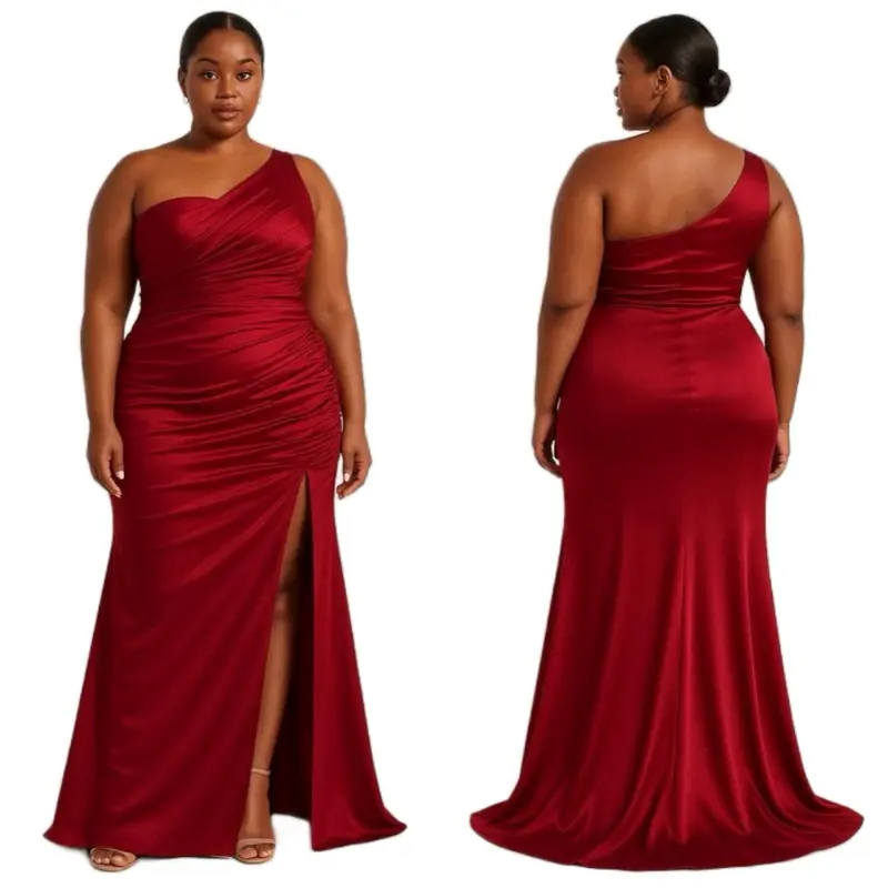 Beautiful Bridesmaids Dress - Red Satin One-Shoulder Gown with High Slit for Special Occasions