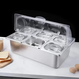 CNCEST Buffet Food Display Tray 6-Pan Stainless Steel Serving Station with Clear Roll Top Cover (Hot/Cold Water Base) for Restaurants & Catering Insulated Modern Containers Stackable Lunch Container