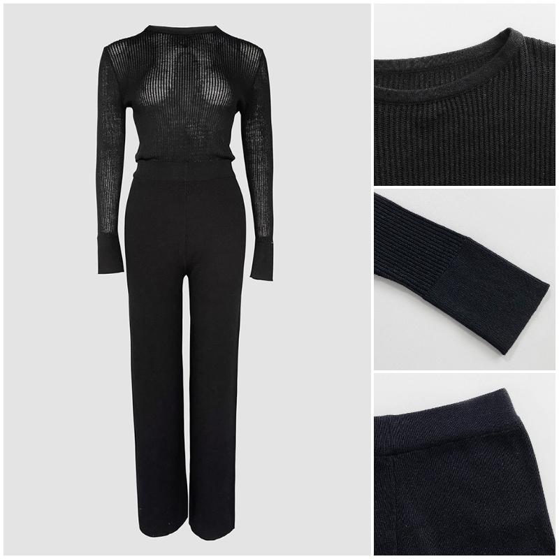 ChicMe Round Neck Long Sleeve Vertical Pit Texture Top and Casual Wide Leg Pants Set