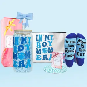 Mason Life Baby Shower Gift Set In My Boy Mom Era 18oz Glass Cup with Straw Coaster Makeup Bag & Greeting Card for New Mom