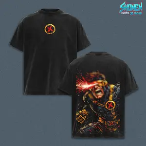 Vintage Comic Book Gaming Graphic Tee, Red Laser Beam Hero Top Gift For Nerds, Vintage Charcoal Acid Wash Tee, Mutant Team Leader Streetwear Top, Dark Aesthetic Distressed Wash Over-sized Tee