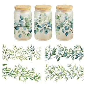 5pcs/Set Green Leaves Design, Nordic Style, 4.33 Inches * 9.45 Inches, UV DTF Heat Transfer Sticker, Cartoon Pattern, And Scratch-Resistant 3D, Vinyl Film Sticker, Suitable for 16 Oz Glass, Mugs, Crafts, Furniture - High-Quality Stickers