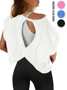 Women's Backless Cut Out Short Sleeve T-Shirt, Sporty Yoga Casual Loose Running Top, Comfortable Athletic Wear for Women