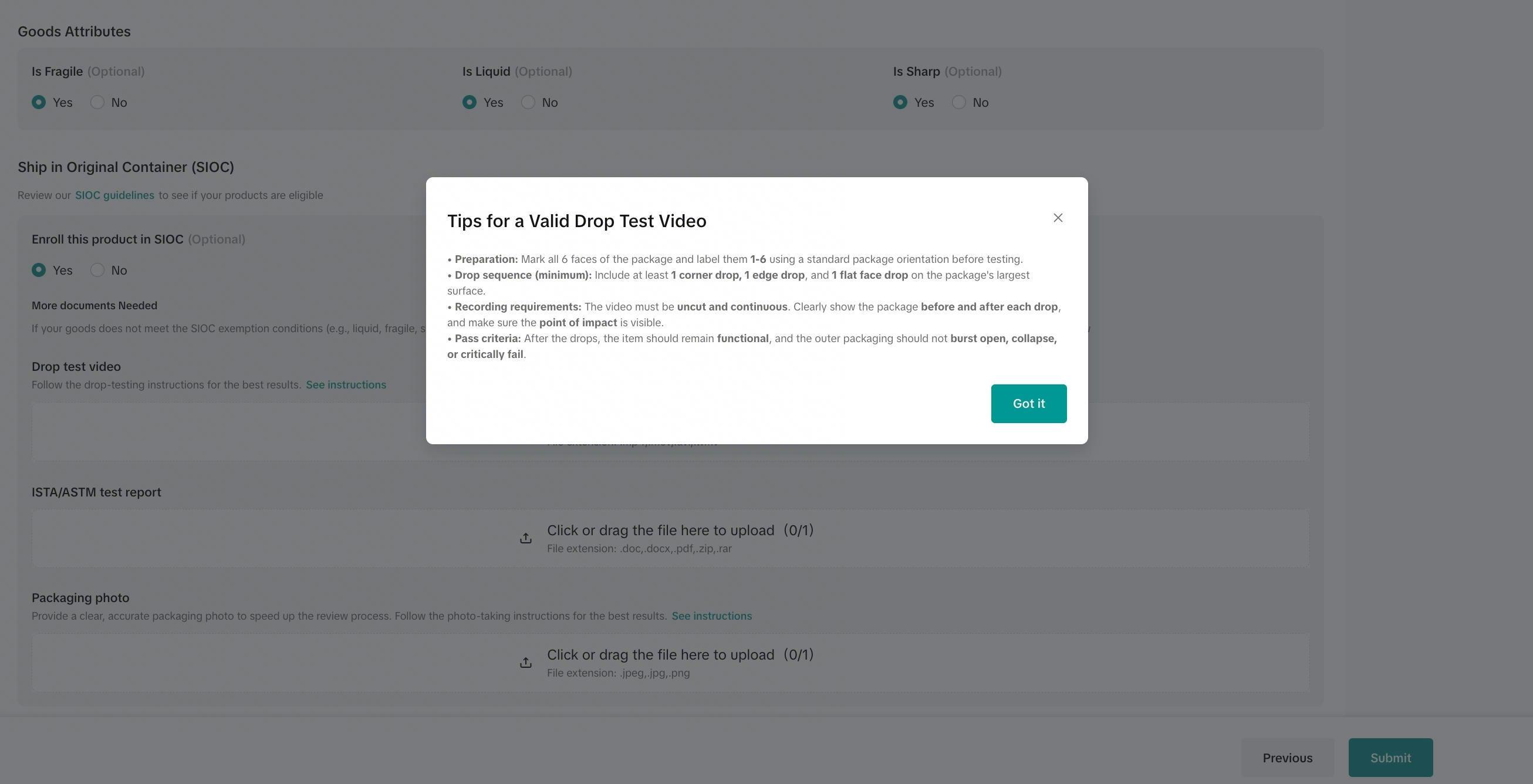 Drop testing tips