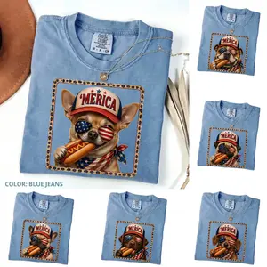 50 Dog Breeds Graphic Comfort Colors Blue Jean T-Shirt, ‘Merica Hotdog Shirt – Funny Patriotic Dog Lover Tee, Vintage Style, USA Fourth of July Outfit