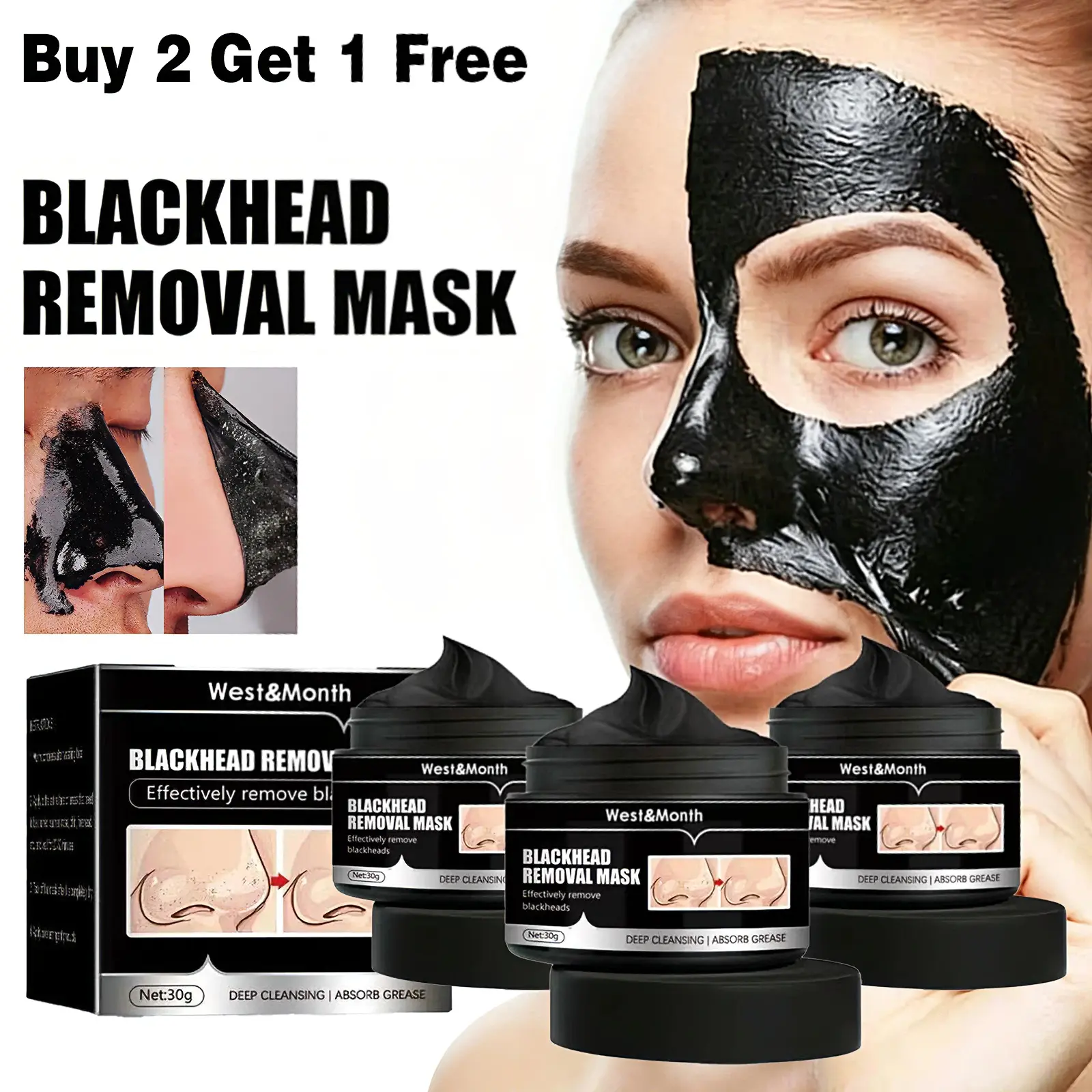 【Buy 2 Get 1 Free】 Upgraded Bamboo Charcoal Blackhead Remover Mask, Peel off Face Mask Pore Whiteheads Cleanser Strawberry Nose Purifying, Deep Cleansing for All Skin Types Skincare peel-off face mask