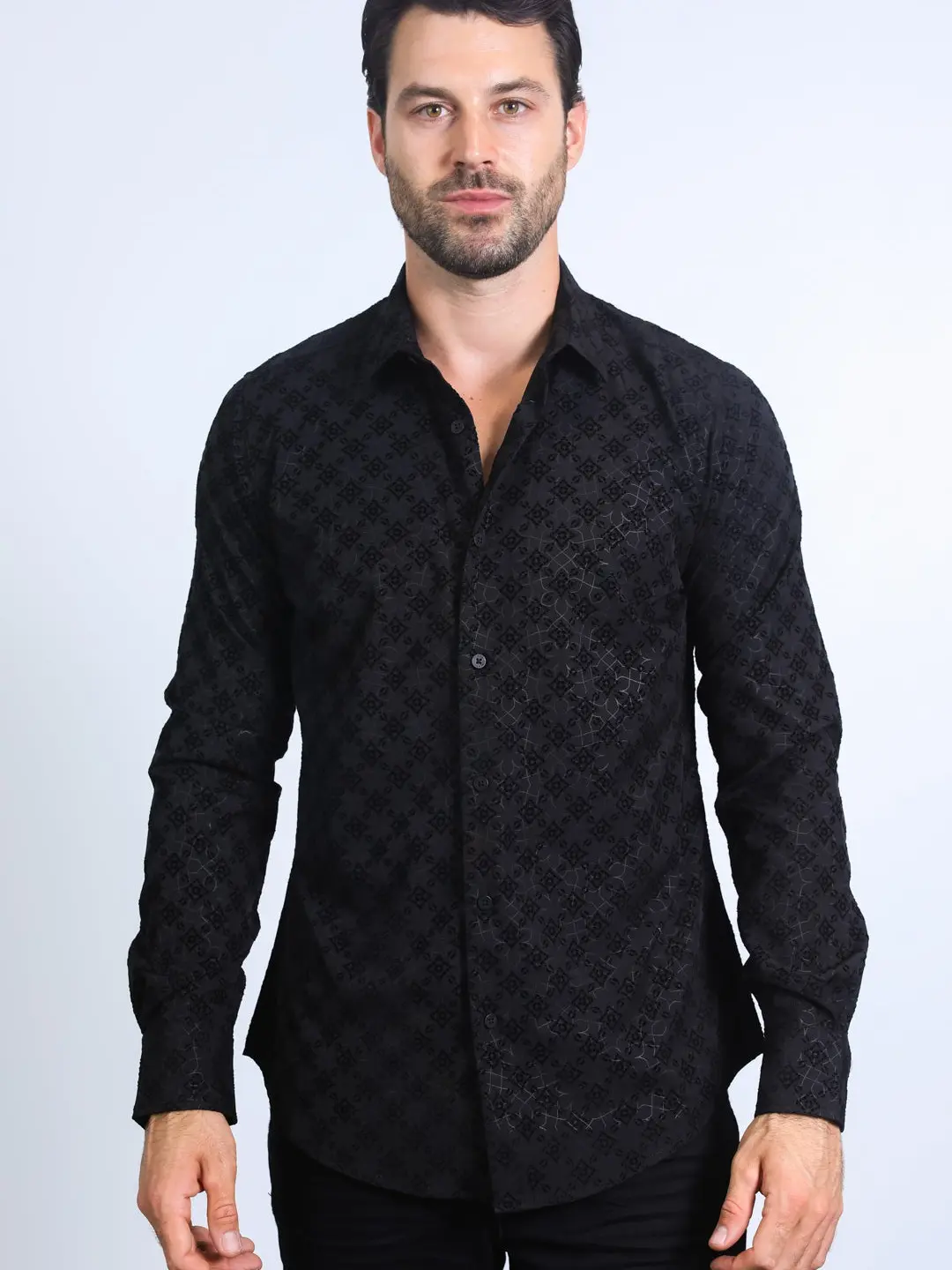 Platini Men's Flocked Style Modern Fit Spandex Black Shirt 10464