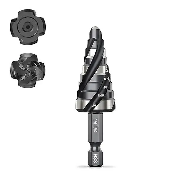 THINKWORK Four Spiral Flute Step Drill Bit, HSS Step Drill Bit 1/4"-3/4" (9 Steps) Unibit Step Drill Bit, 1/4" Shank Step Bits for Aluminum, Wood, Plastic, Metal