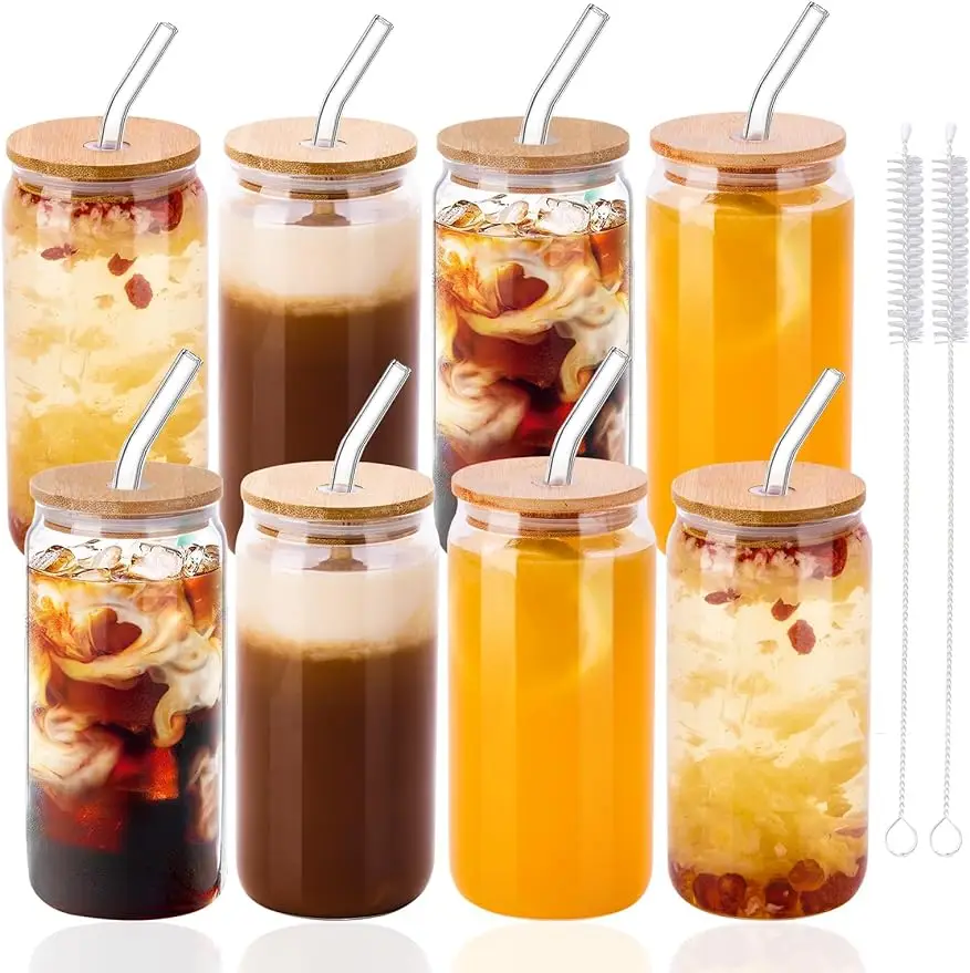 8-count Set Bamboo Lid Glass Drinking Glasses with Glass Straw - 16-ounce Can Shaped Glassware for Beer, Iced Coffee, Cocktails, Whiskey, and More,