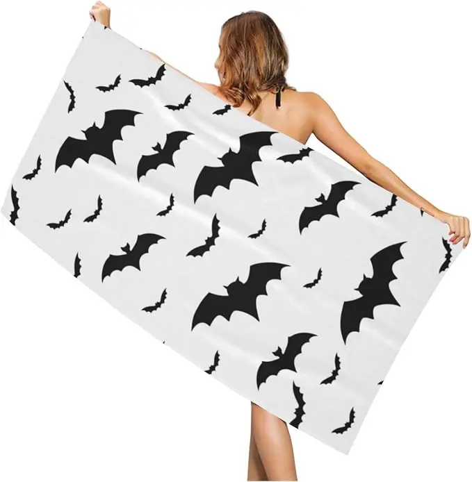 White Background Black Bat Silhouette All Over Print Beach Towel, Minimalist Spooky Halloween Bat Pattern Quick Dry Sand Resistant Pool Towel, Simple Gothic Gift for Halloween Party Dark Aesthetic Lovers