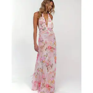 [Elegant style] elegant floral halter neck long dress for women-sleeveless, backless with vibrant pink & white floral print, perfect for summer cocktail parties, floral print dres