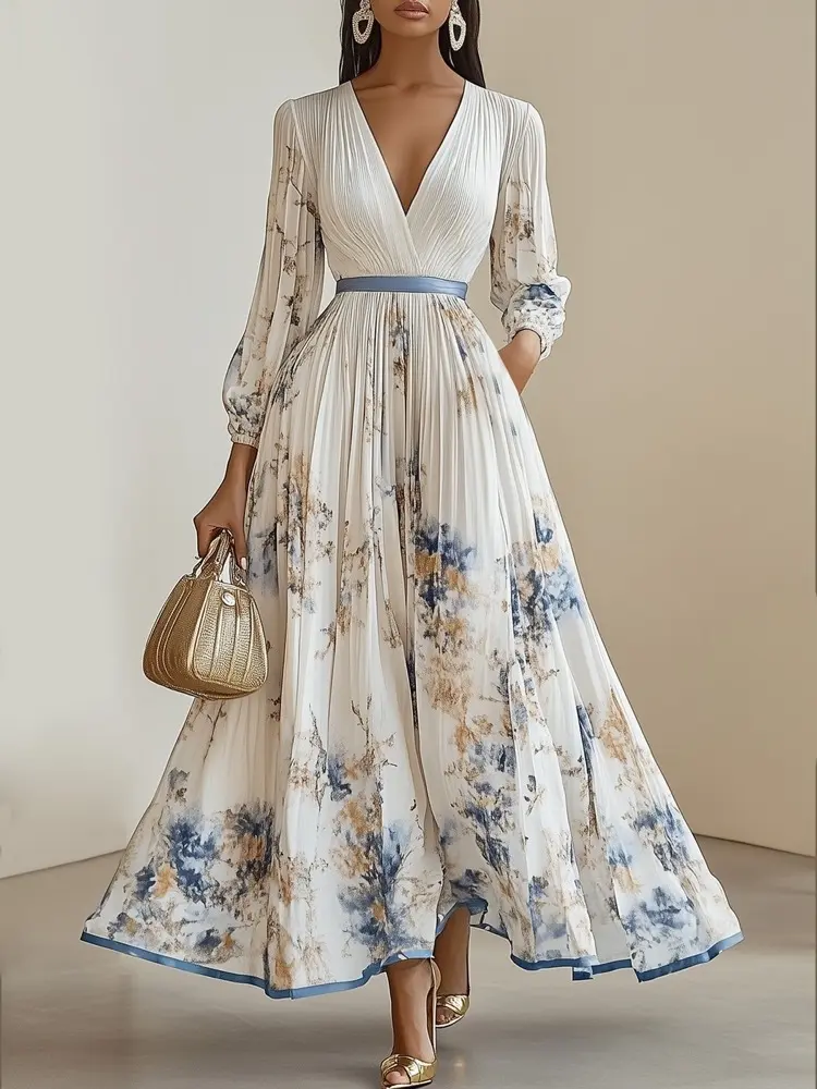 MINGHAO  2026 new Women's Floral Print Deep V Puff Sleeve Belted A-Line Maxi Dress with Pockets for Vacation, Wedding Guest
