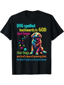 Men'S Graphic Tee Featuring The Phrase 'Dog Written Upside As God', Short-Sleeved, Black with a Vibrant Dog And Paw Print Design, Relaxed Fit