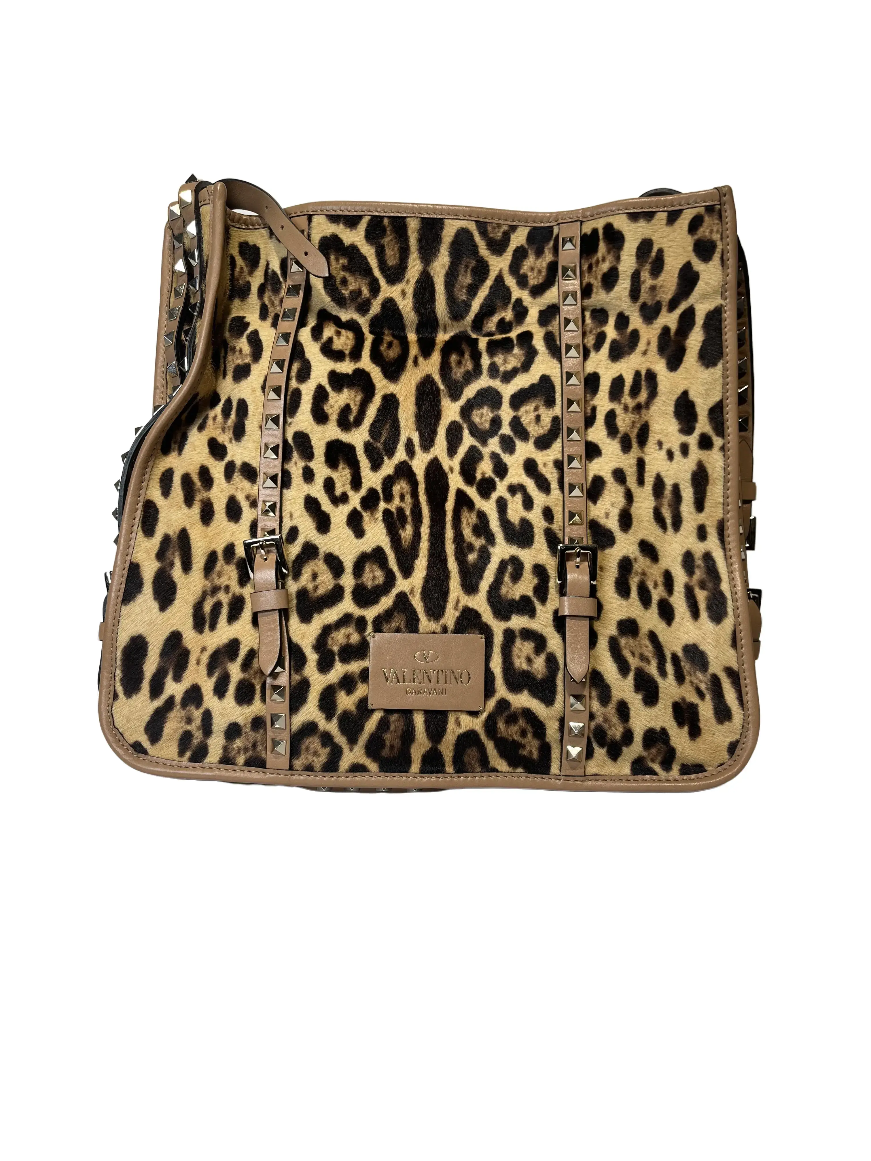 Pre-owned Valentino Rockstud Leopard Print Calf Hair Tote Calfskin Bag, Convertible Crossbody Shoulder Purses, Fashion Patterned Design