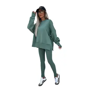 Two-Piece Set Women's Solid Drop ShoulderSplit Hem Sweatshirt & Skinny Pants Set, CasualFashion Cozy Round Neck Long Sleeve Pullover &Leggings for Daily Outdoor Wear, Women'sClothing for Spring & Fall