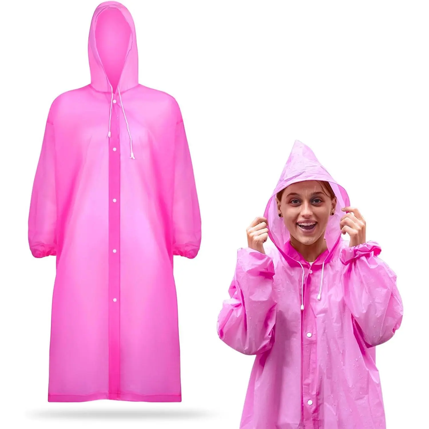Women's Thick Reusable Waterproof Rain Poncho - Adult Size, Fits Most Sizes, Hood with String, Outdoor Hiking Rain Protection (Pink), Reusable Pack, Spacious Fit, About 45" Long, Eva, Unisex, Universal, Thoughtful Gift, Music Festival, Camping&Hiking, Syn