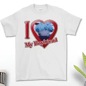 Show Your Love for Gojo Satoru: Adorable Retro T-Shirt with 'I Love My Boyfriend Gojo' Heart Design from Jujutsu Kaisen – Ideal Romantic Gift for Devoted Anime Lovers