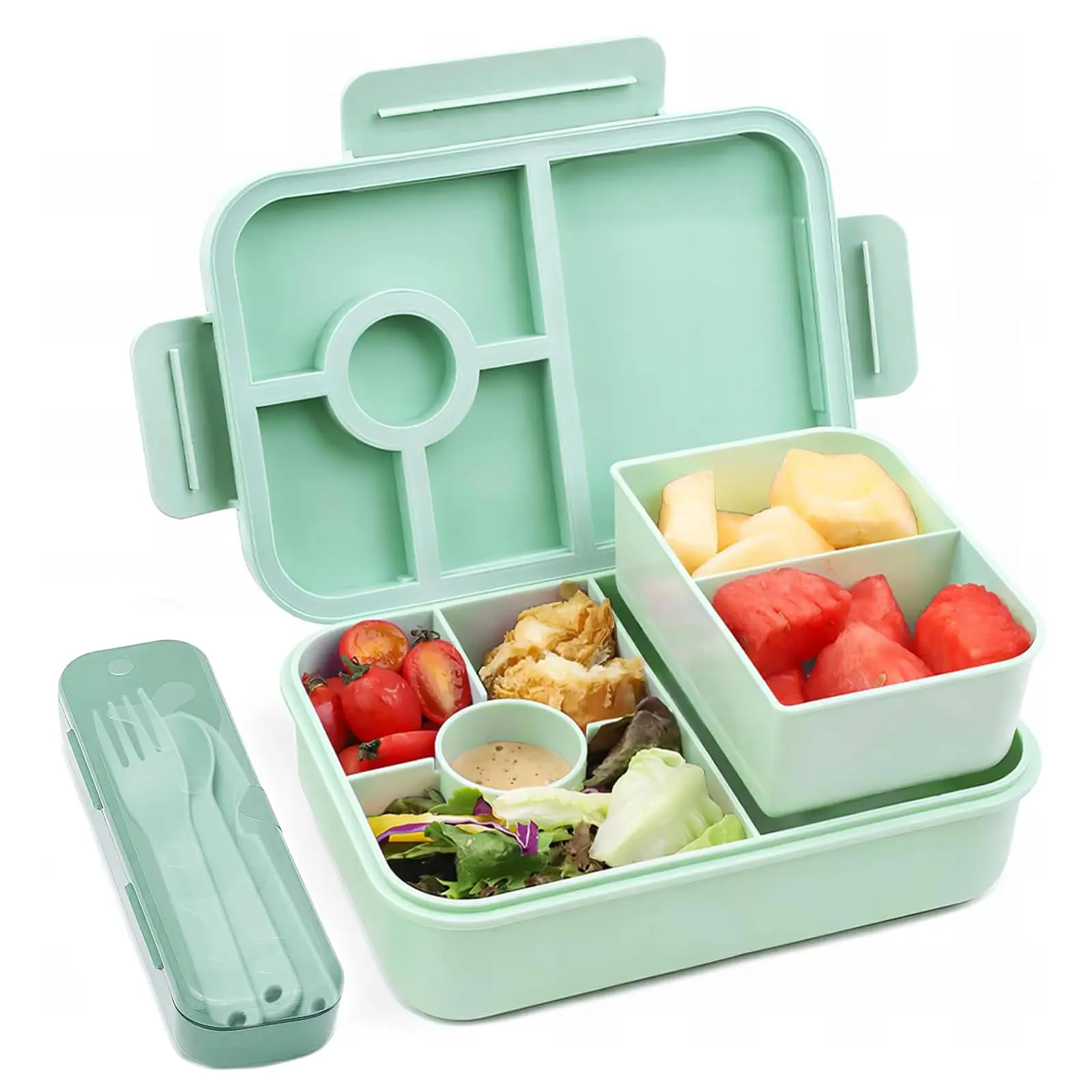 Bugucat Leak Proof Bento Lunch Box 1300ML with 6 Compartments, Kids & Adult Bento Box with Cutlery, Dishwasher & Microwave Safe, High Quality PP Material, 22x15x5.5 cm, Ideal for School, Kindergarten, Office