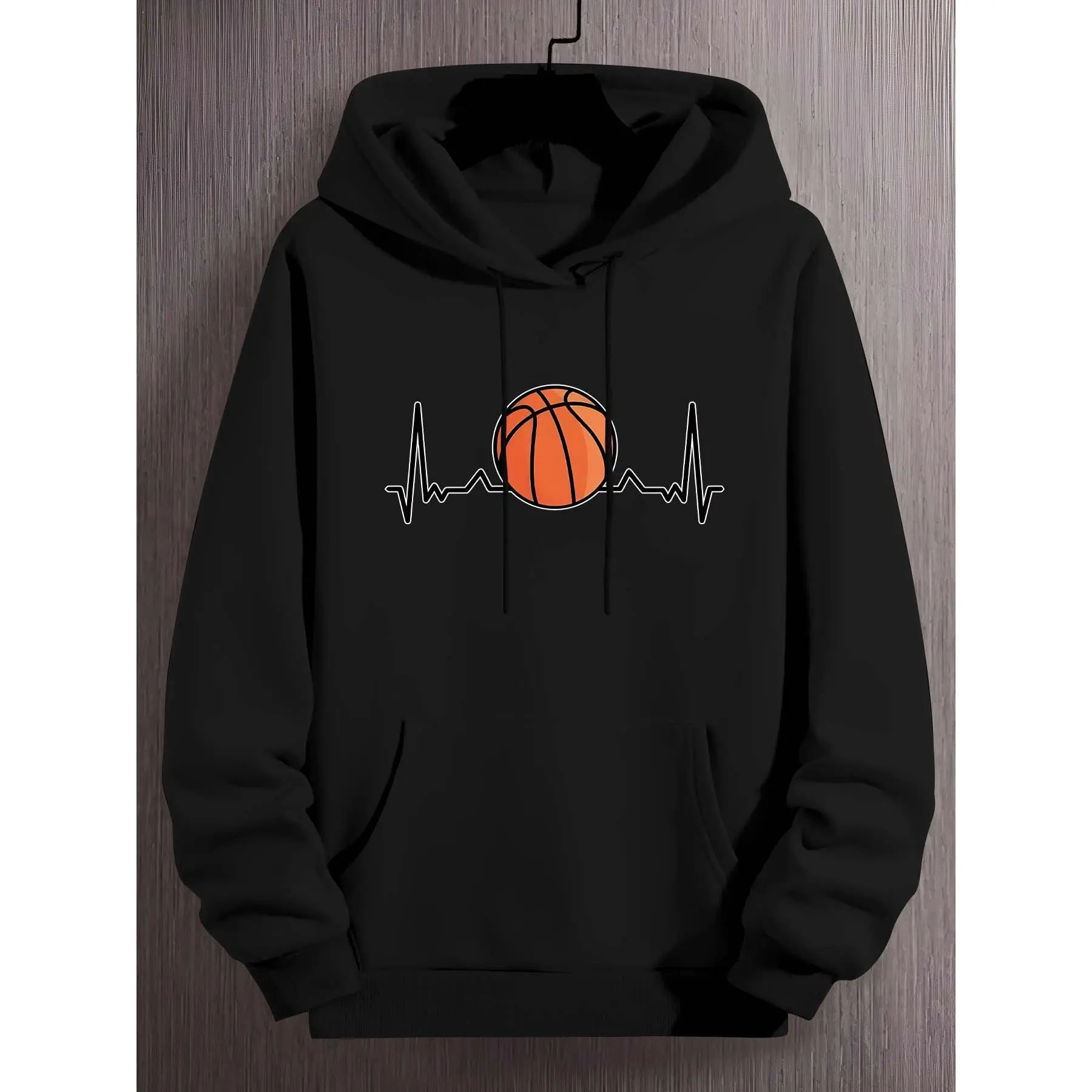 Men's Basketball Print Hoodie - Cool Casual Street Fashion Longsleeves Pullover Sweatshirt with Kangaroo Pocket, Menswear Top, Knit, Regular, All Over Print, Hoodie/Jumper, Machine Wash, Do Not Dry Clean, Polyester