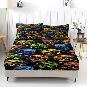 3Pcs Cartoon Monster Truck Fitted Sheet Set — Microfiber Bedding Set (Includes 1 Fitted Sheet + 2 Pillowcases; Pillow Inserts Not Included). Features A Deep-Pocket Design; Suitable for All Seasons. Ideal for Boys' Rooms, Dormitories, and More.