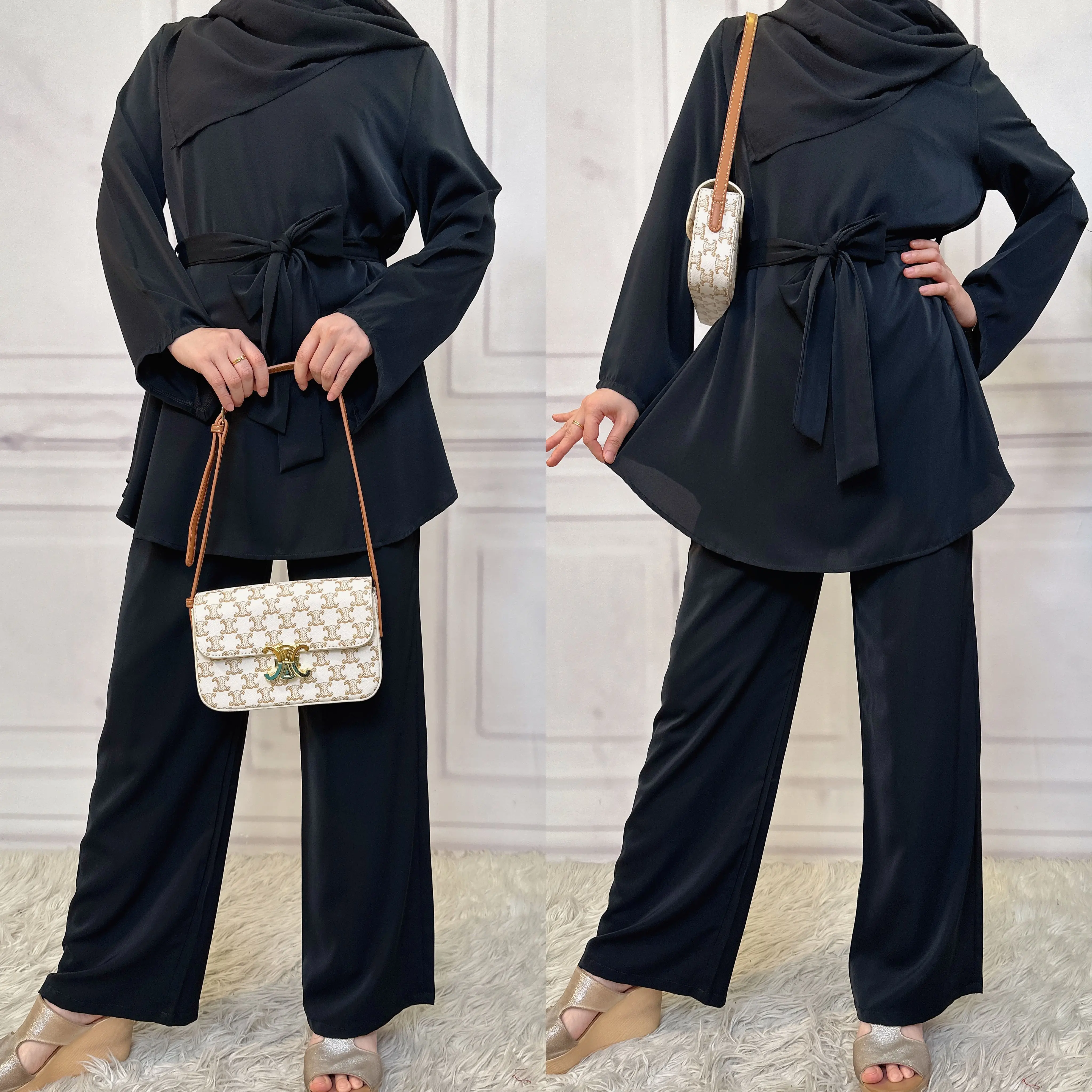 Women's Modest 2-Piece Islamic Clothing Set (2272#) - Long Sleeve Crew Neck Long Blouse, Plain Flare Pants, Elegant Machine Washable All-Season Casual Wear, 2XL, Clothing Sets, Plain Look