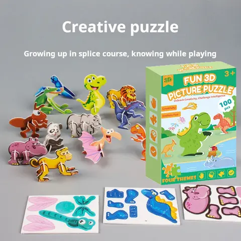 100 PCS Kids 3D Cartoon DIY Cardboard Puzzle, Christmas Holiday Gift, Montessori Educational Toy, Animals Insects Dinosaurs Airplanes Puzzle Set