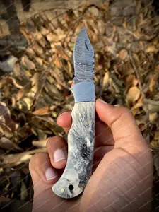 Damascus Steel Folding Pocket Knife - Orange Wood Handle, 7" with leather Sheath For Hunting & Camping