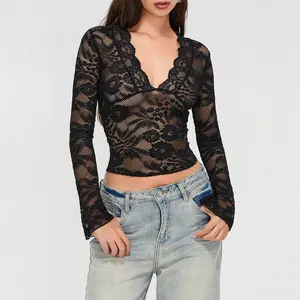 Women's Summer Fashion Elegant Lace Long Sleeve Umbilical Top - Transparent Flower Lace V-neck Shirt, Y2K Gothic Top/T-shirt (s-L) Floral Womenswear Blouse Flared
