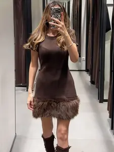 Knitted Dress with Faux Fur Hem, Short Sleeve Round Neck Design, Casual Wear, Comfortable Luxury Faux Fur Layered Essential for Women